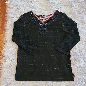 Miss me womens black and pink sheer long sleeve shirt‎ with lace sleeves